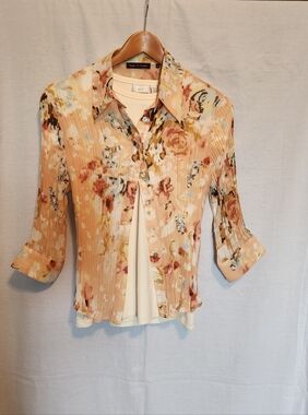 Vince Camuto Peach Floral Semi-Sheer Button Down Shirt